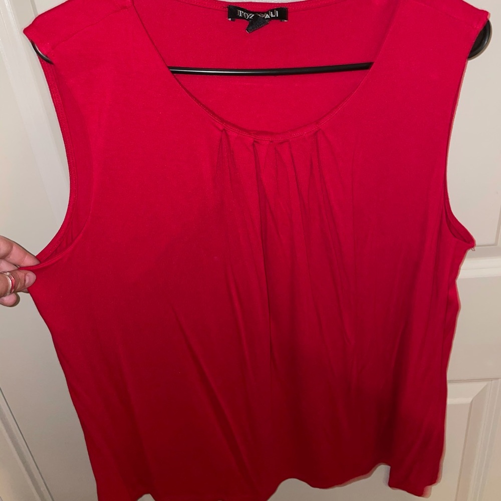 Red sleeveless blouse w/ pleated neckline